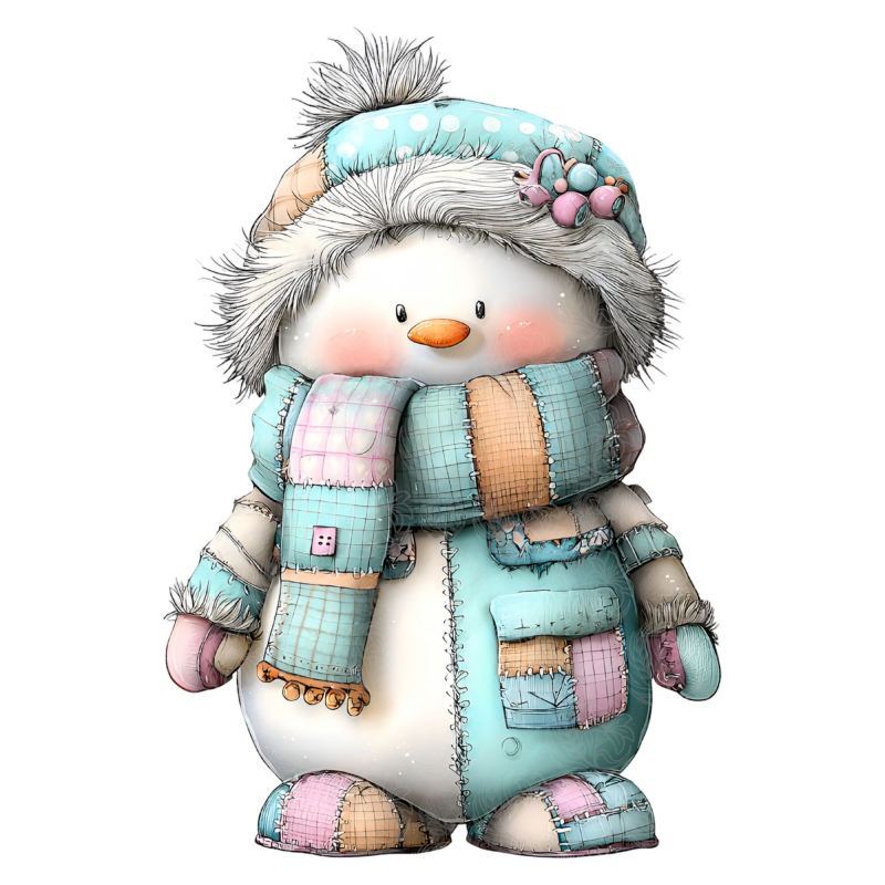 Patchwork snowman in quilted teal coat scarf and hat with rosy cheeks, Grey Barn Handwerk, Saskatchewan.